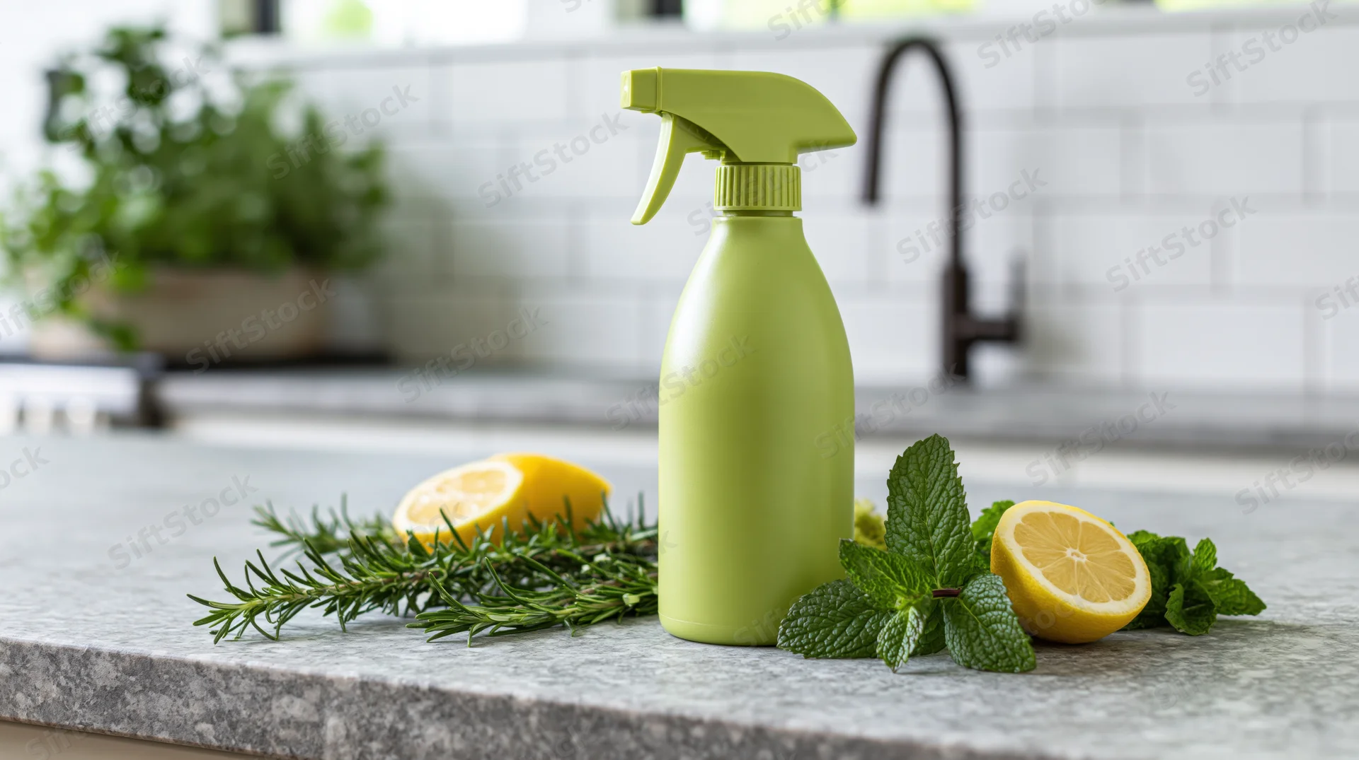 Green plastic spray bottle with lemon and herbs on kitchen countertop near sink