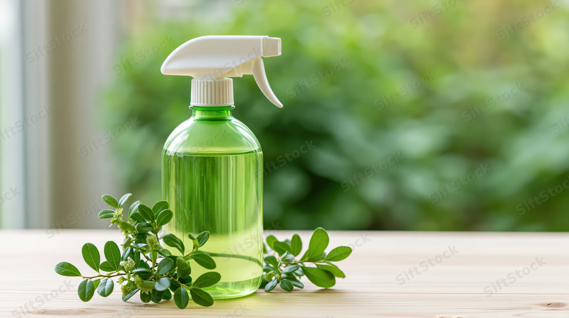 Green plastic spray bottle with white trigger nozzle on wooden table near window with foliage in background