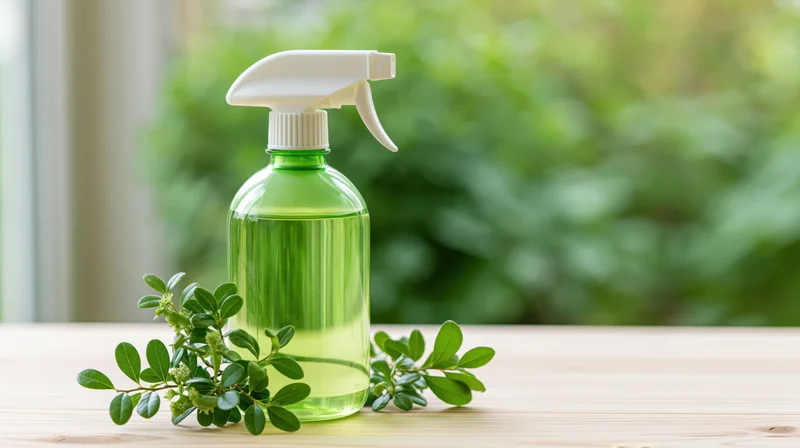 Green plastic spray bottle with white trigger nozzle on wooden table near window with foliage in background