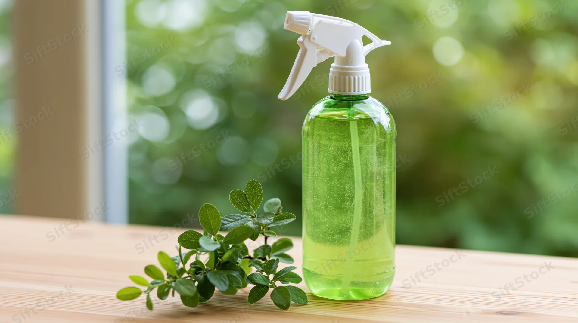 Green plastic spray bottle with white trigger nozzle on wooden table beside leafy branch near window with blurred greenery background