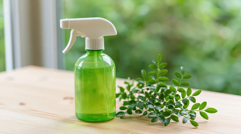 Green plastic spray bottle with white trigger nozzle on wooden table beside fresh green leaves near window