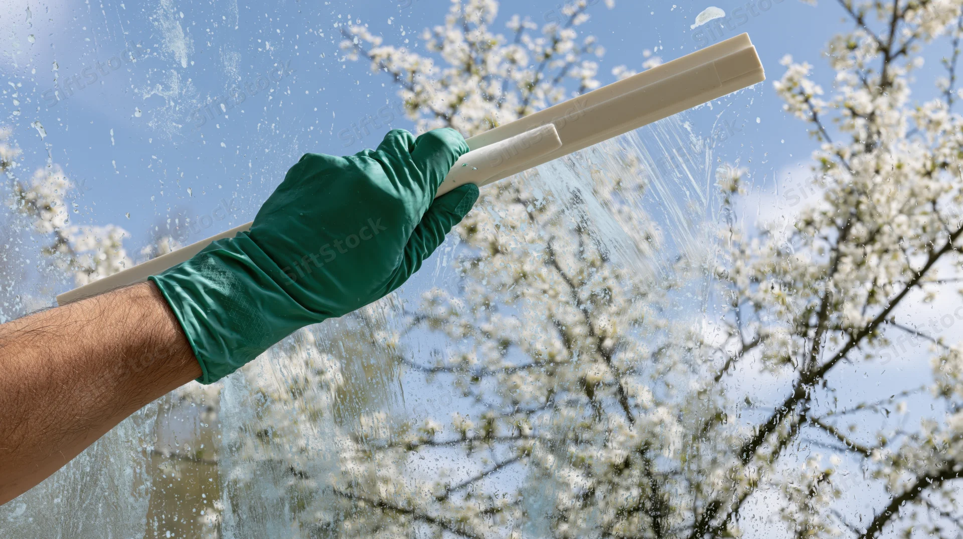 Hand in green rubber glove holding white squeegee cleaning window with blossoming tree in background