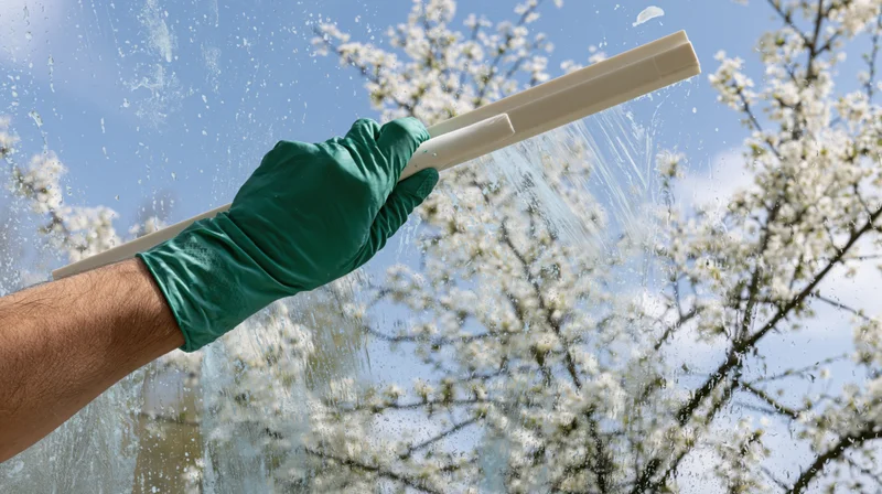 Hand in green rubber glove holding white squeegee cleaning window with blossoming tree in background