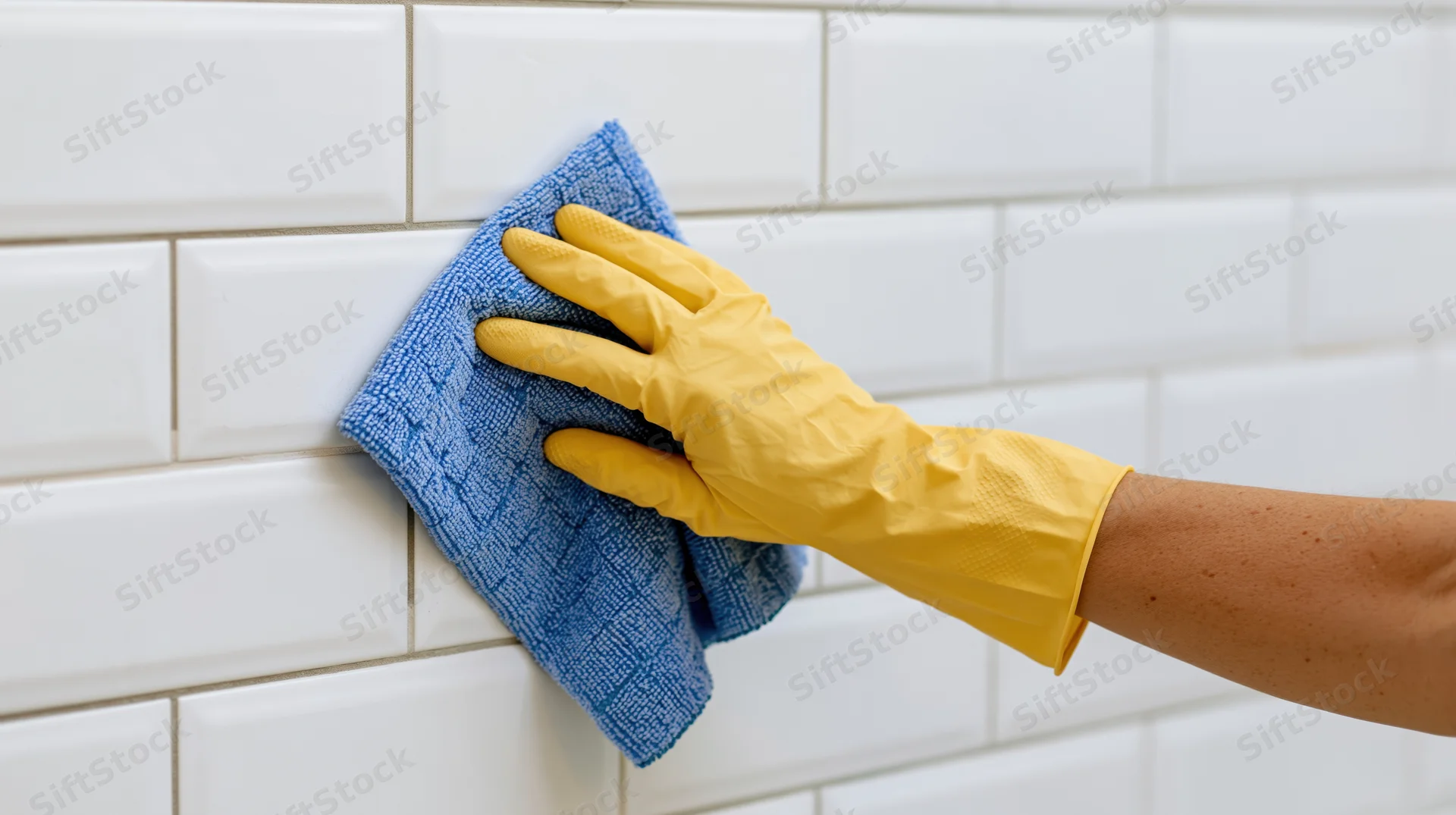 Hand in yellow rubber glove scrubbing white subway tile wall with blue cloth