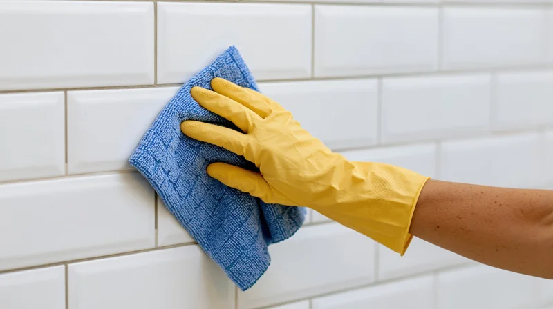 Hand in yellow rubber glove scrubbing white subway tile wall with blue cloth