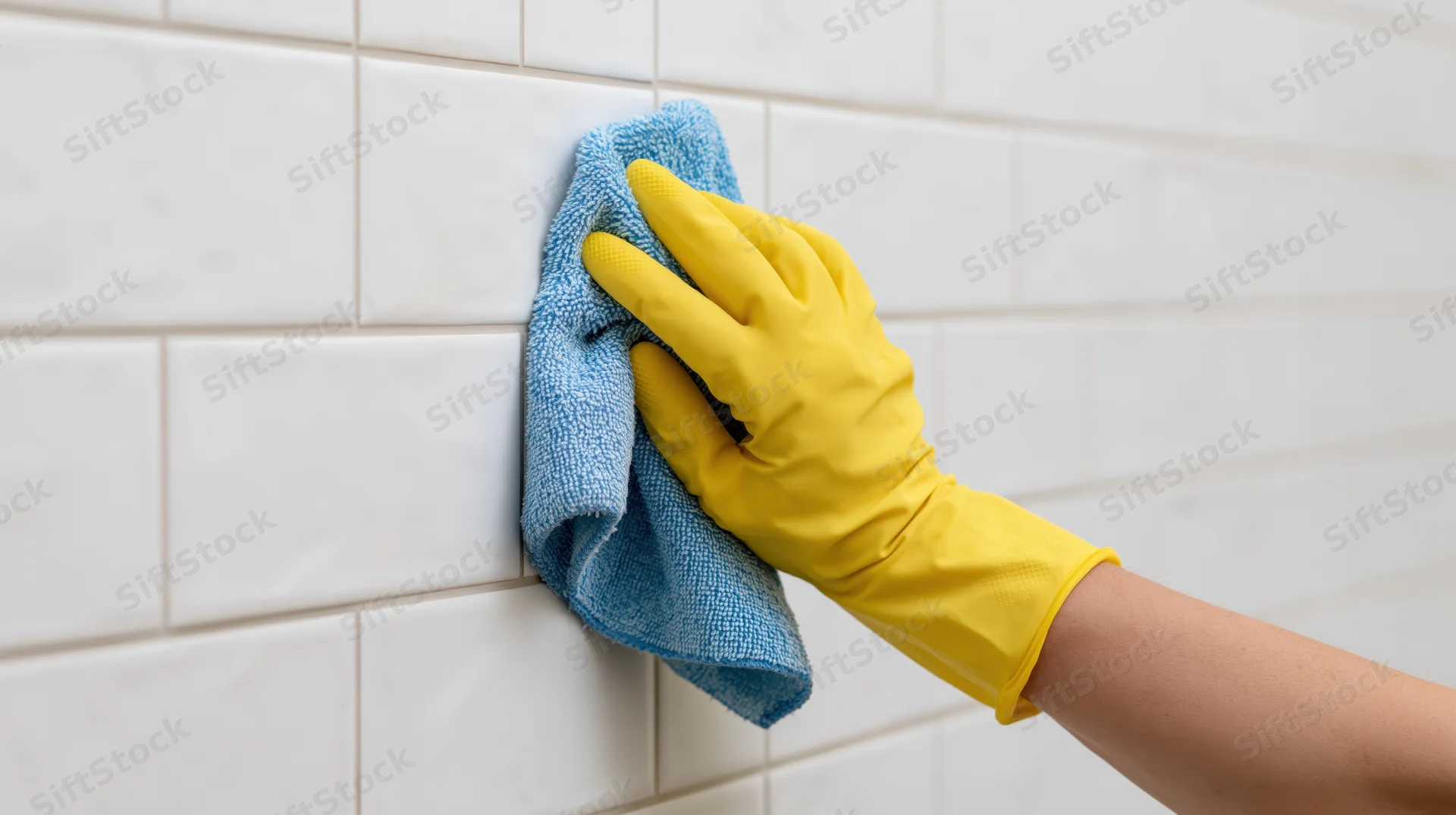 Hand in yellow rubber glove scrubbing white subway tile wall with blue cloth