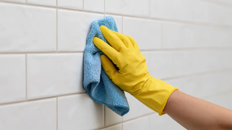 Hand in yellow rubber glove scrubbing white subway tile wall with blue cloth