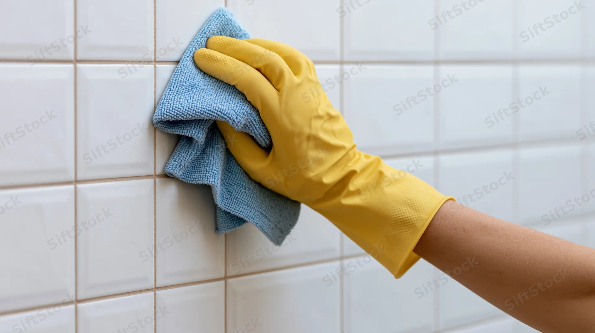 Hand in yellow rubber glove scrubbing white subway tile wall with blue cloth