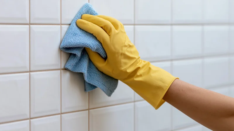 Hand in yellow rubber glove scrubbing white subway tile wall with blue cloth
