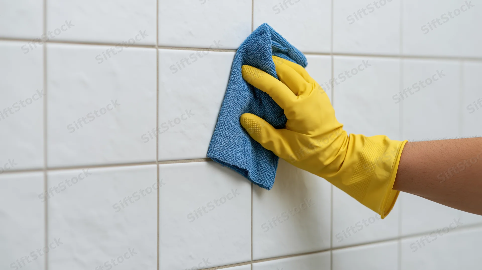 Hand in yellow rubber glove scrubbing white subway tile wall with blue cloth