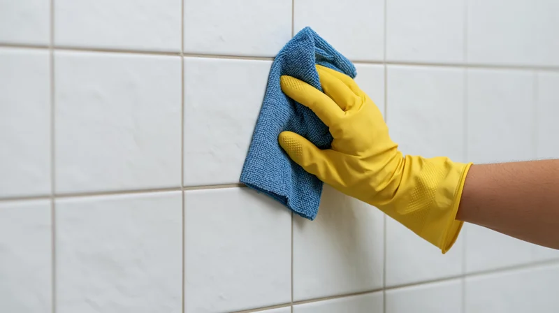 Hand in yellow rubber glove scrubbing white subway tile wall with blue cloth