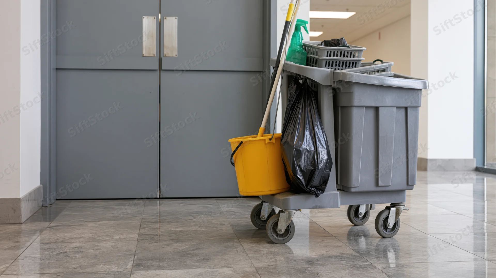 Janitorial cleaning cart with mop and bucket parked in hallway near double doors