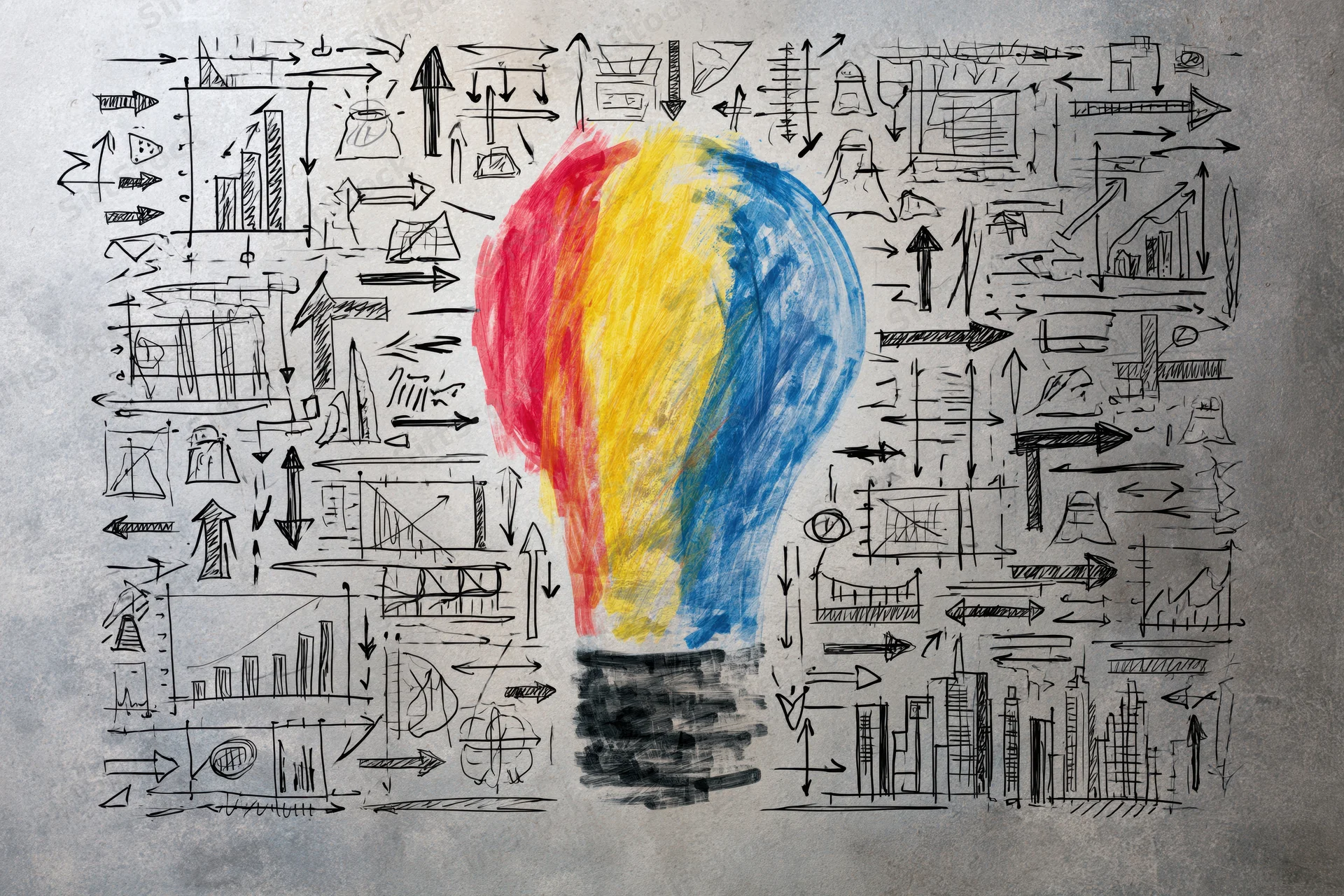 Hand-drawn lightbulb in red yellow and blue surrounded by sketches of charts arrows and diagrams on textured paper