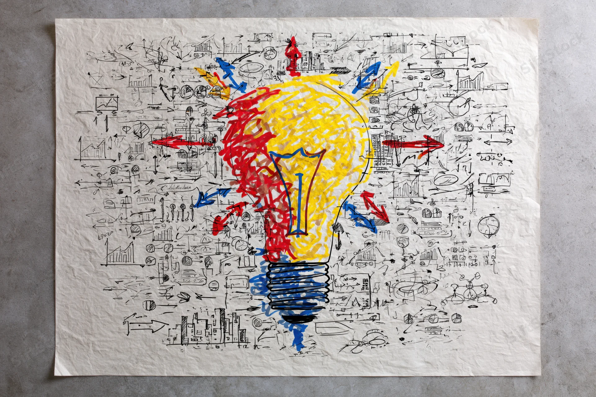 Hand-drawn lightbulb sketch with red yellow and blue arrows and diagrams on textured paper