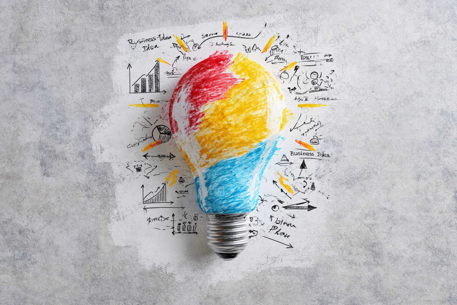 Hand-drawn lightbulb with colorful sketch notes and diagrams around it on textured background