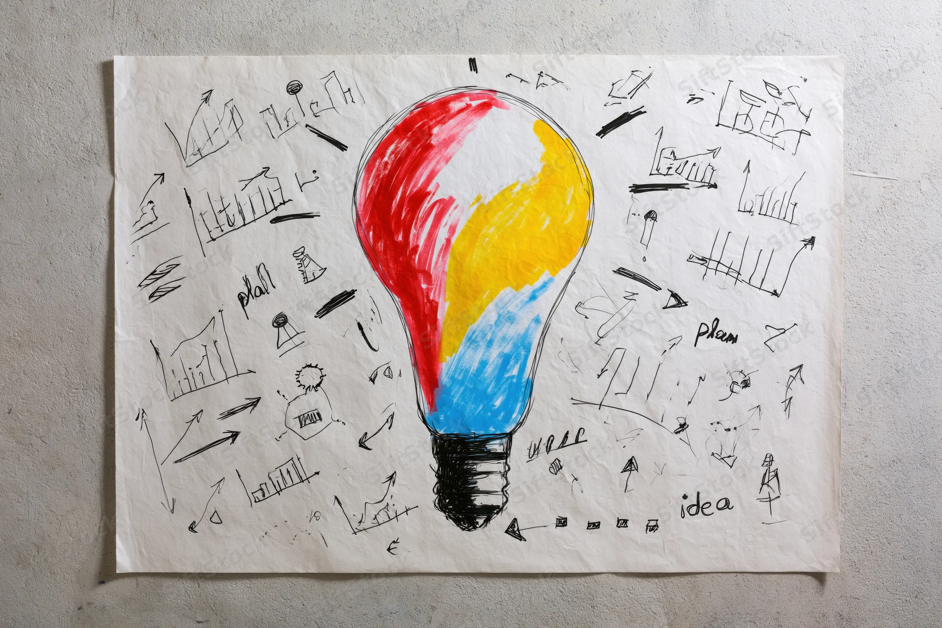 Hand-drawn lightbulb sketch with colorful sections and surrounding diagrams and words on paper