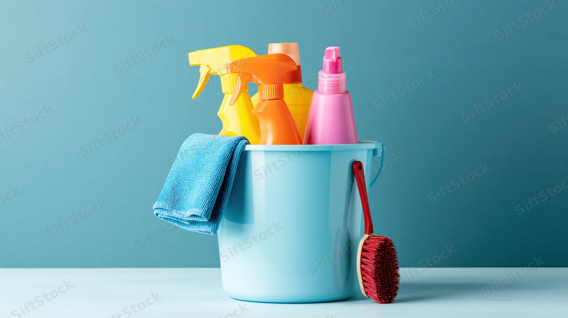 Light blue plastic bucket filled with colorful cleaning supplies and tools on a plain surface