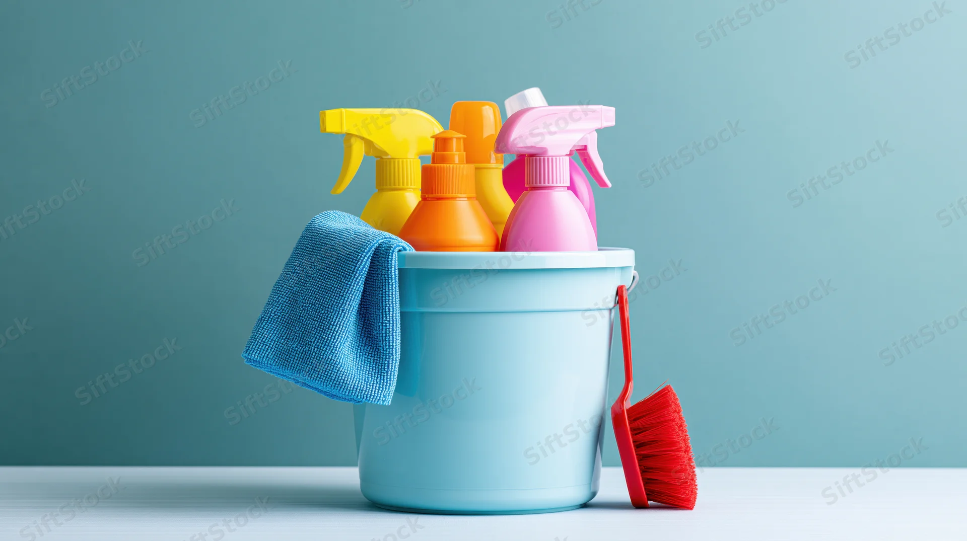 Light blue plastic bucket filled with colorful cleaning supplies and tools on a white surface against a teal background