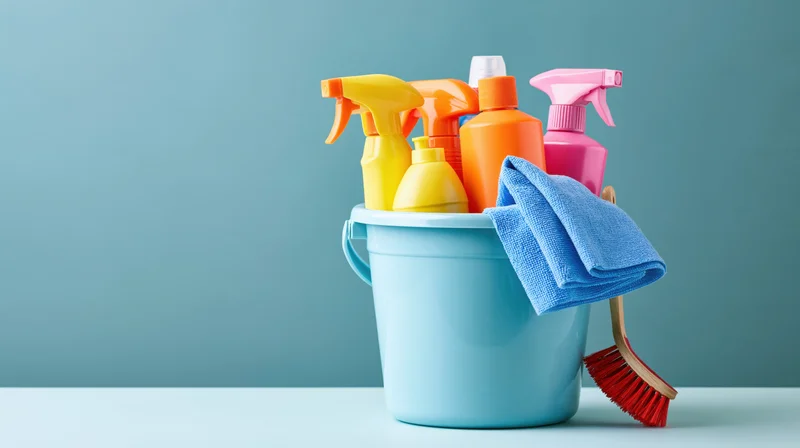 Light blue plastic bucket filled with colorful cleaning supplies and tools on a plain surface