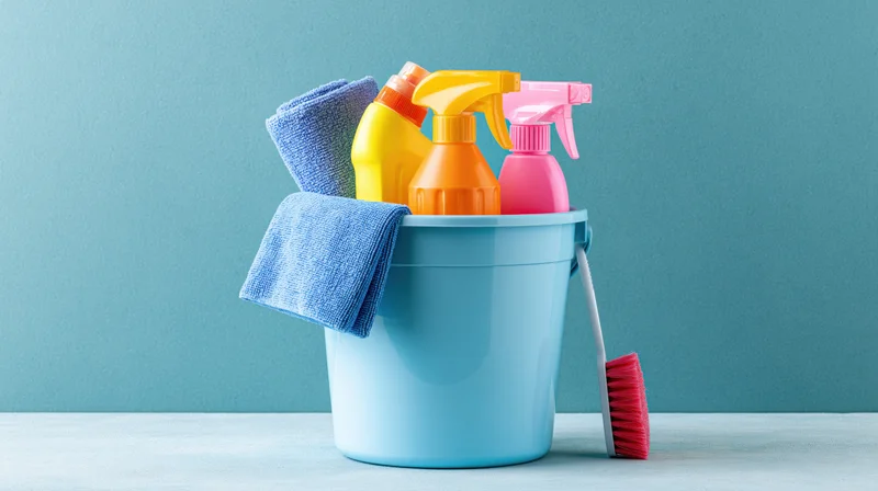 Light blue plastic bucket filled with colorful cleaning supplies and tools on a plain surface