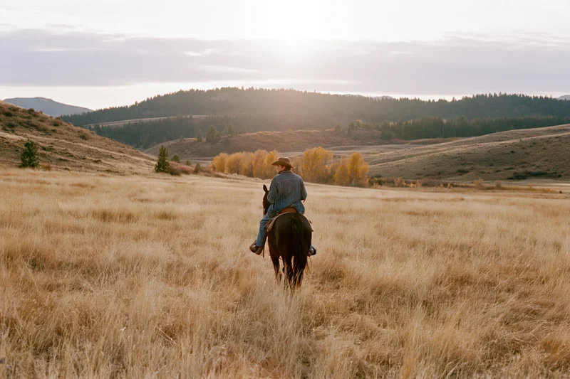 Cowboy riding horse through dry prairie field at sunset
