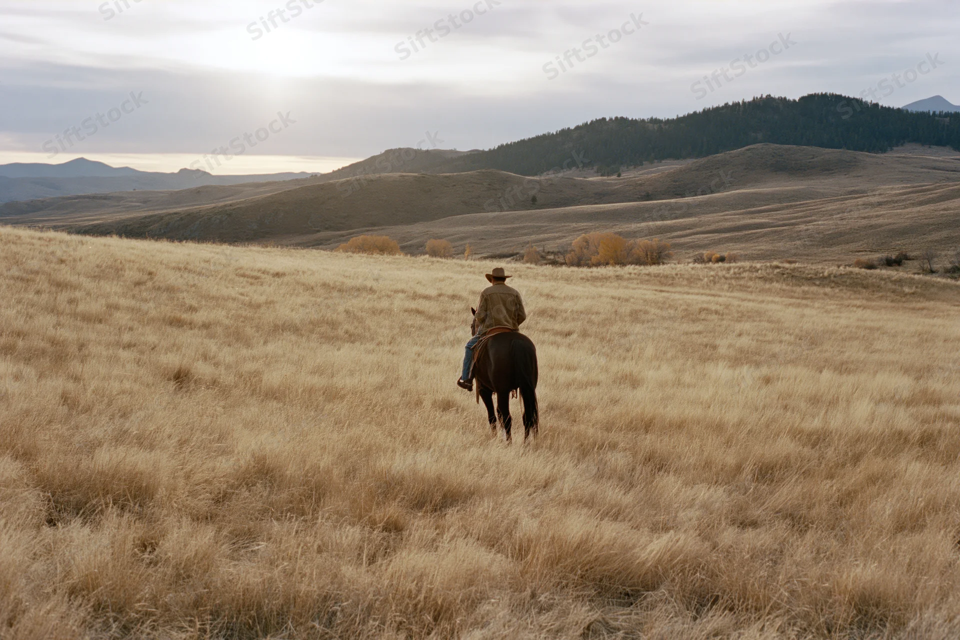 Cowboy riding horse through dry prairie field toward distant hills