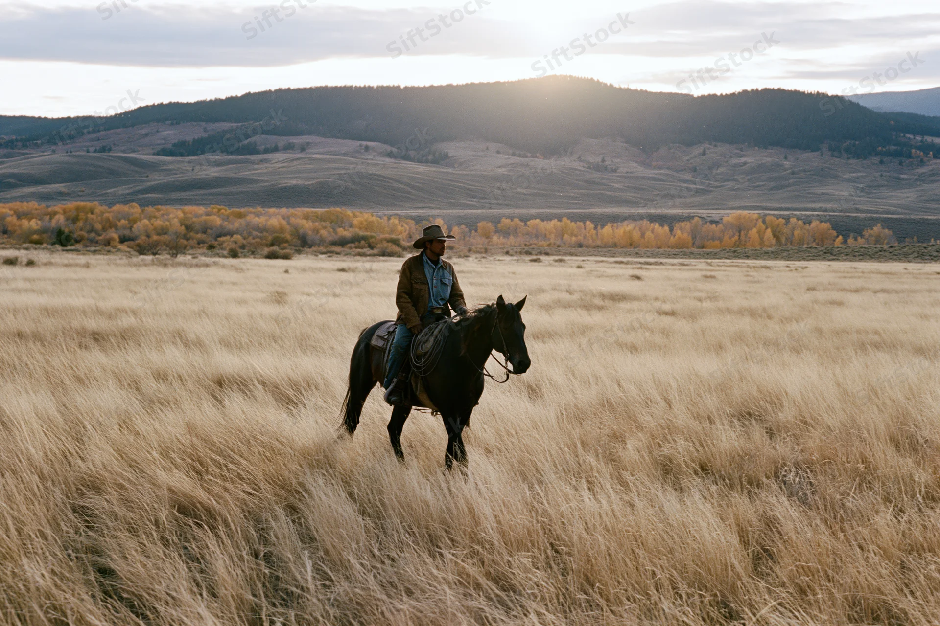 Cowboy riding dark horse through tall dry prairie at sunset