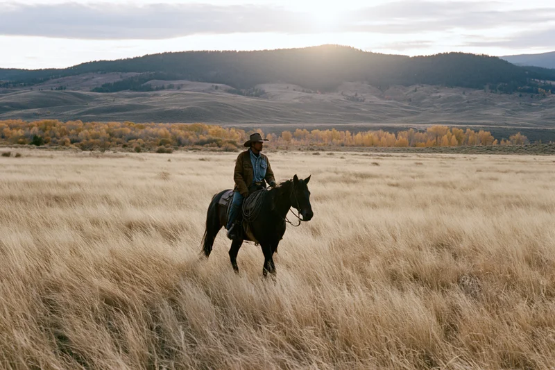 Cowboy riding dark horse through tall dry prairie at sunset