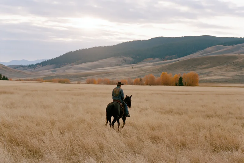 Cowboy riding horse through tall dry prairie grass toward distant mountains at dusk