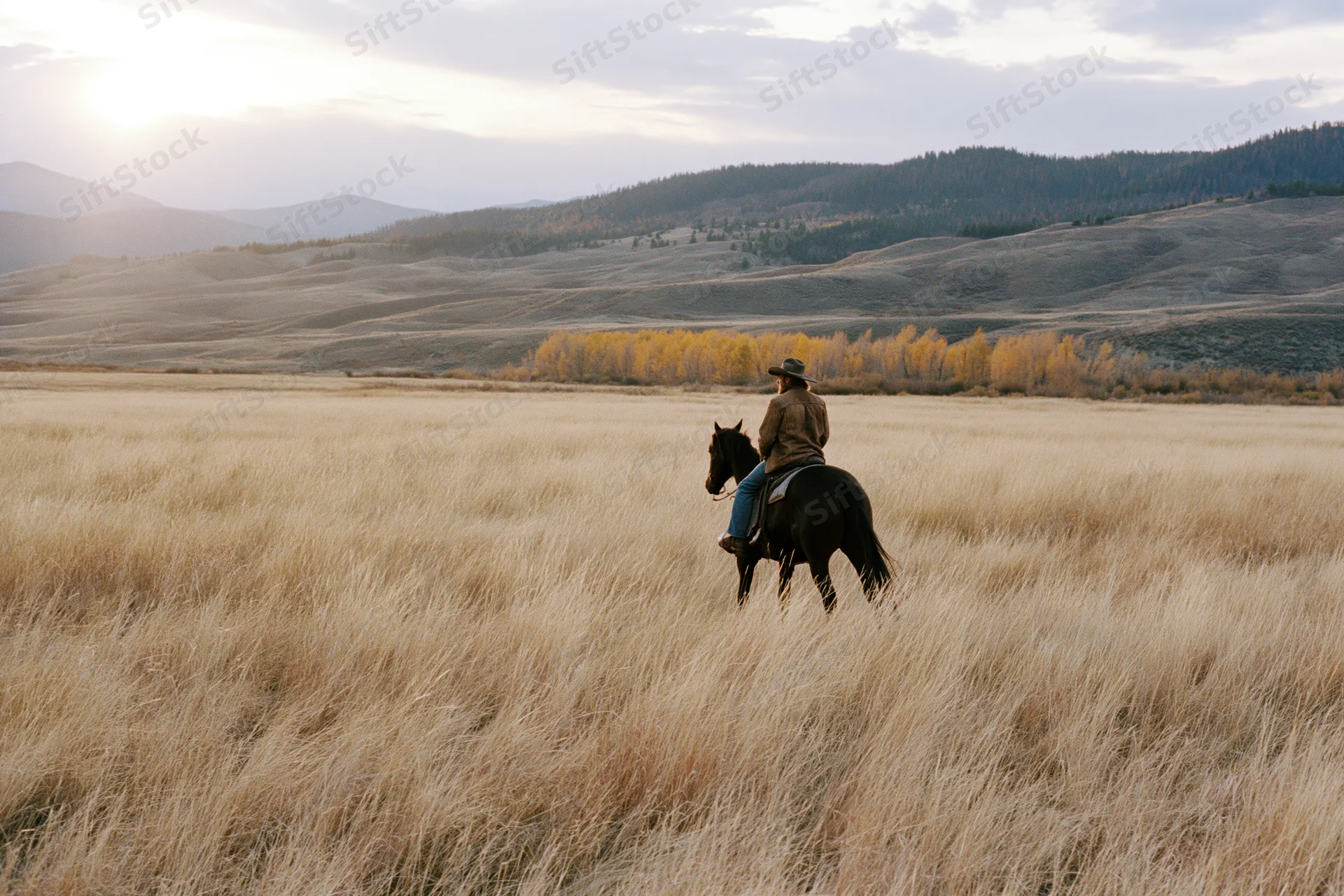 Cowboy riding horse through tall dry prairie grass toward distant hills at sunset