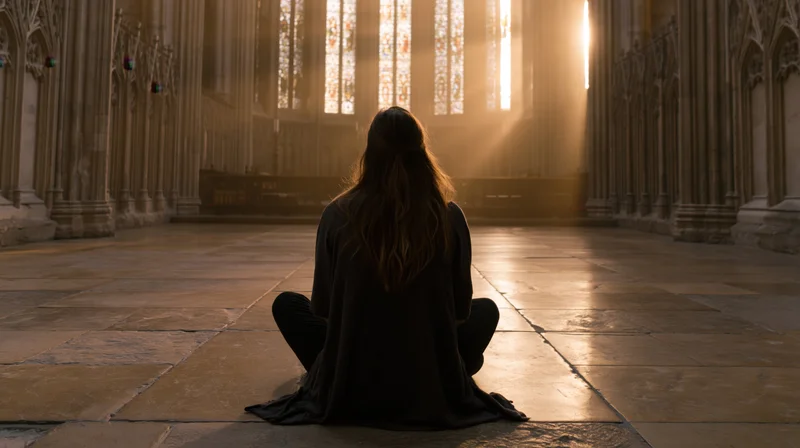 Woman sitting crosslegged on stone floor inside gothic cathedral with sunlight streaming through stained glass windows