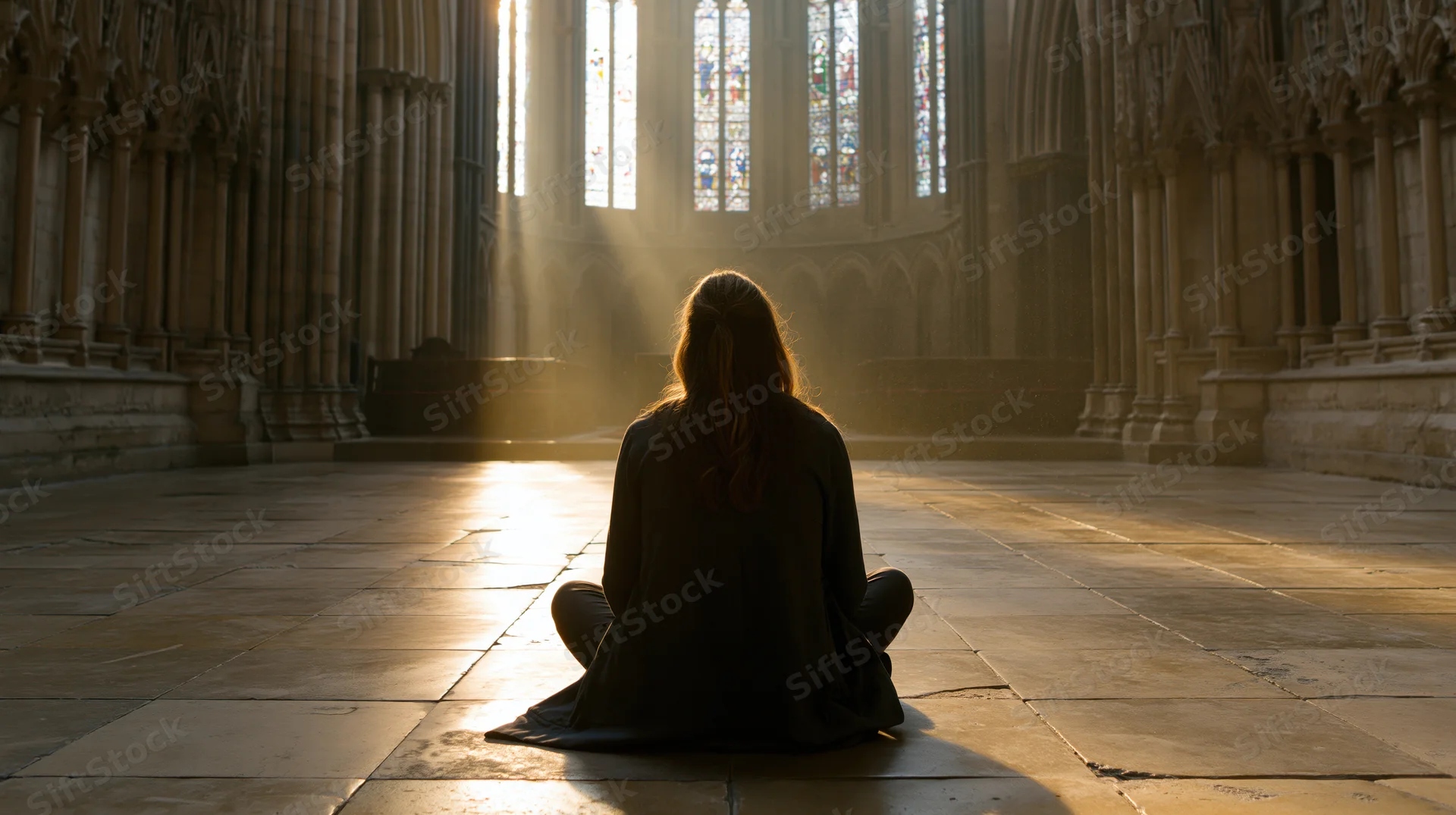 Woman sitting crosslegged on stone floor in gothic cathedral interior with sunlight through stained glass windows