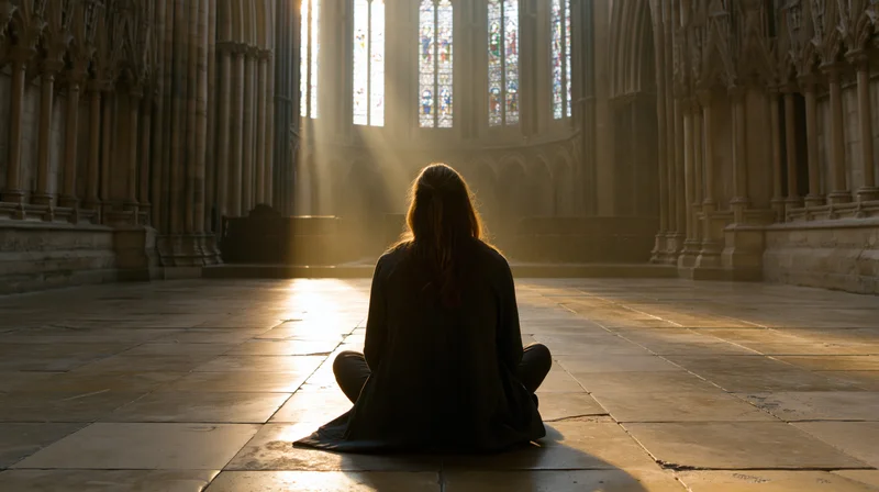 Woman sitting crosslegged on stone floor in gothic cathedral interior with sunlight through stained glass windows