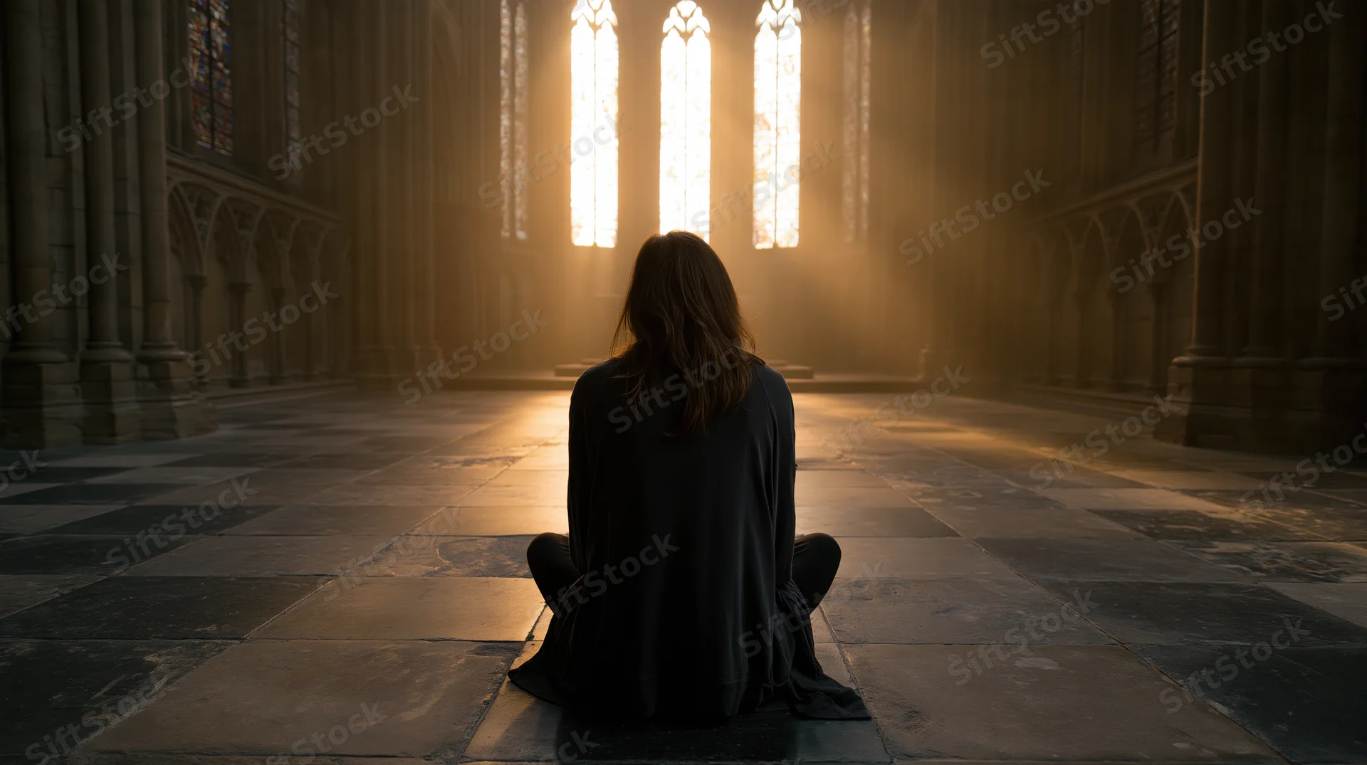 Woman sitting crosslegged on stone floor in gothic cathedral interior with sunlight streaming through stained glass windows