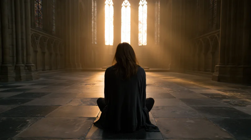 Woman sitting crosslegged on stone floor in gothic cathedral interior with sunlight streaming through stained glass windows