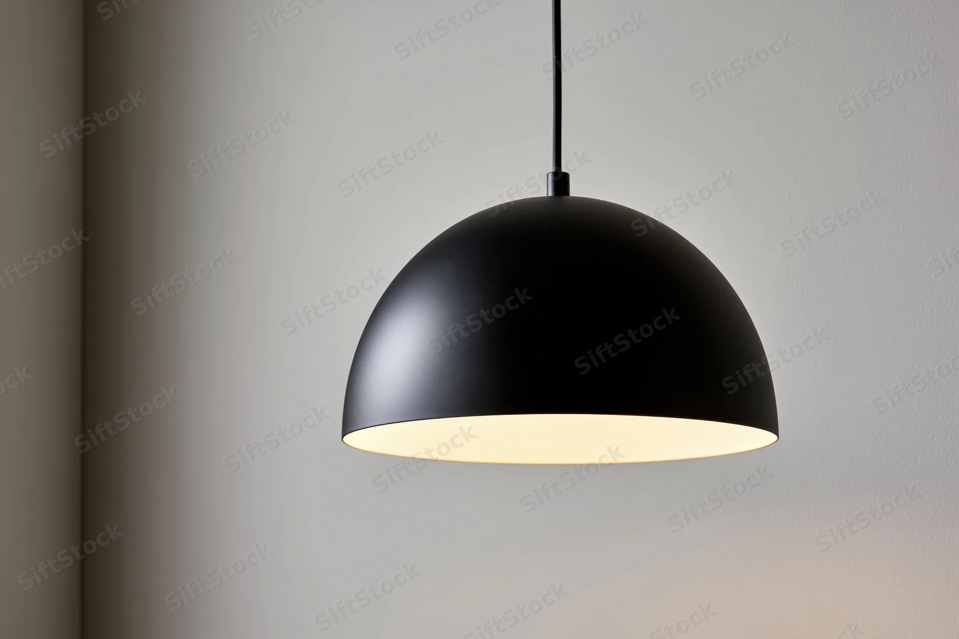 Matte black dome pendant lamp hanging from ceiling in minimalist interior space