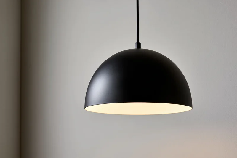 Matte black dome pendant lamp hanging from ceiling in minimalist interior space
