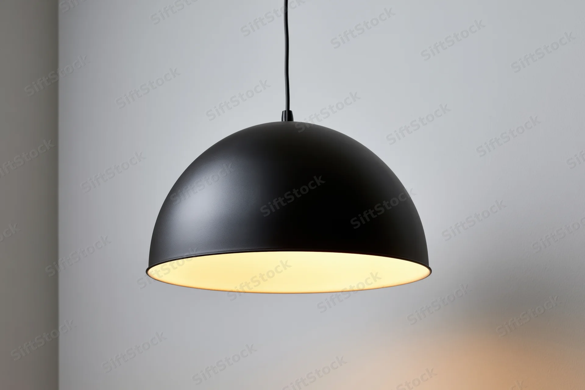 Matte black dome pendant lamp hanging from ceiling in minimalist interior with warm glow