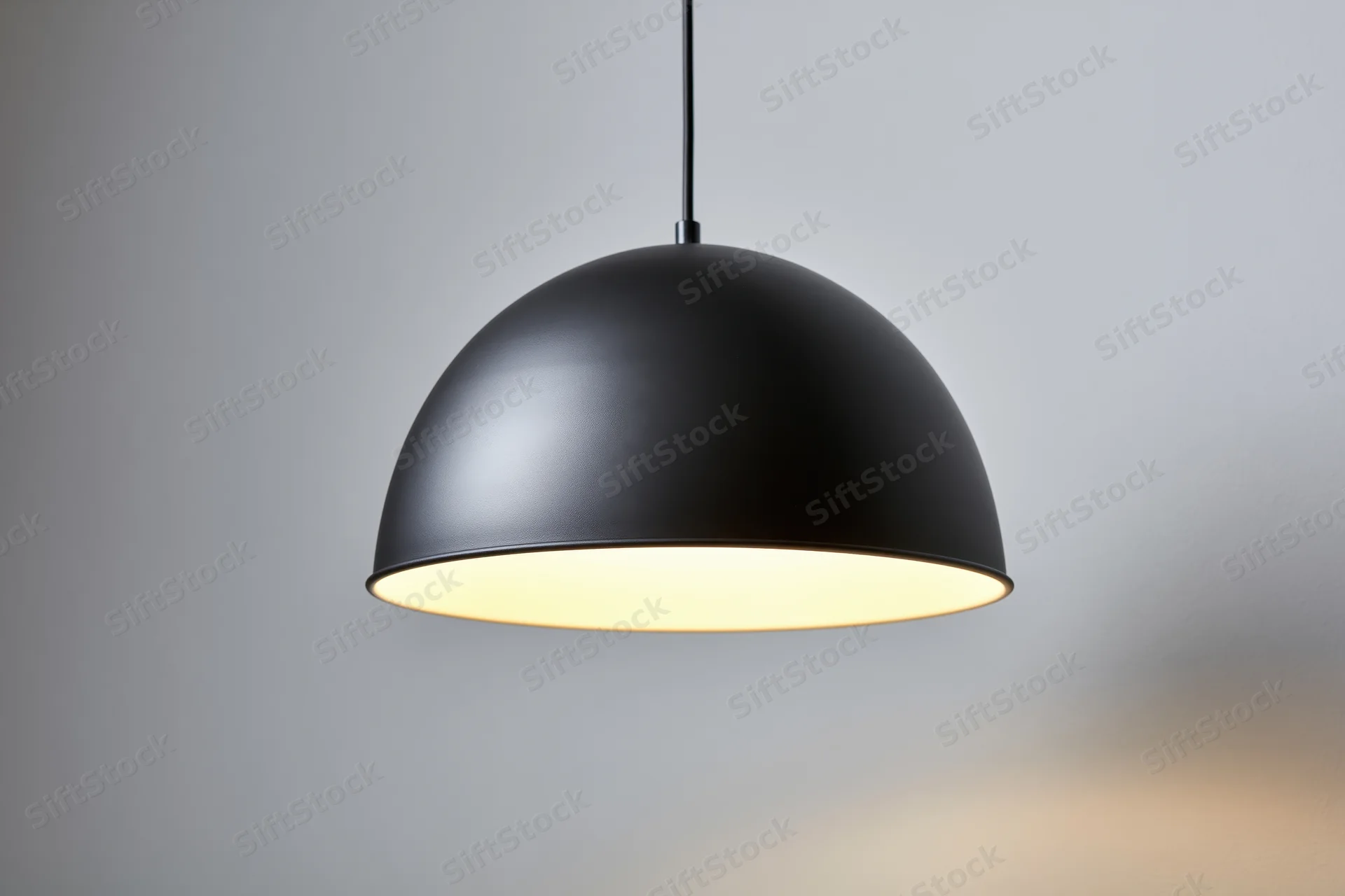 Matte black dome pendant lamp hanging from ceiling with warm glow inside