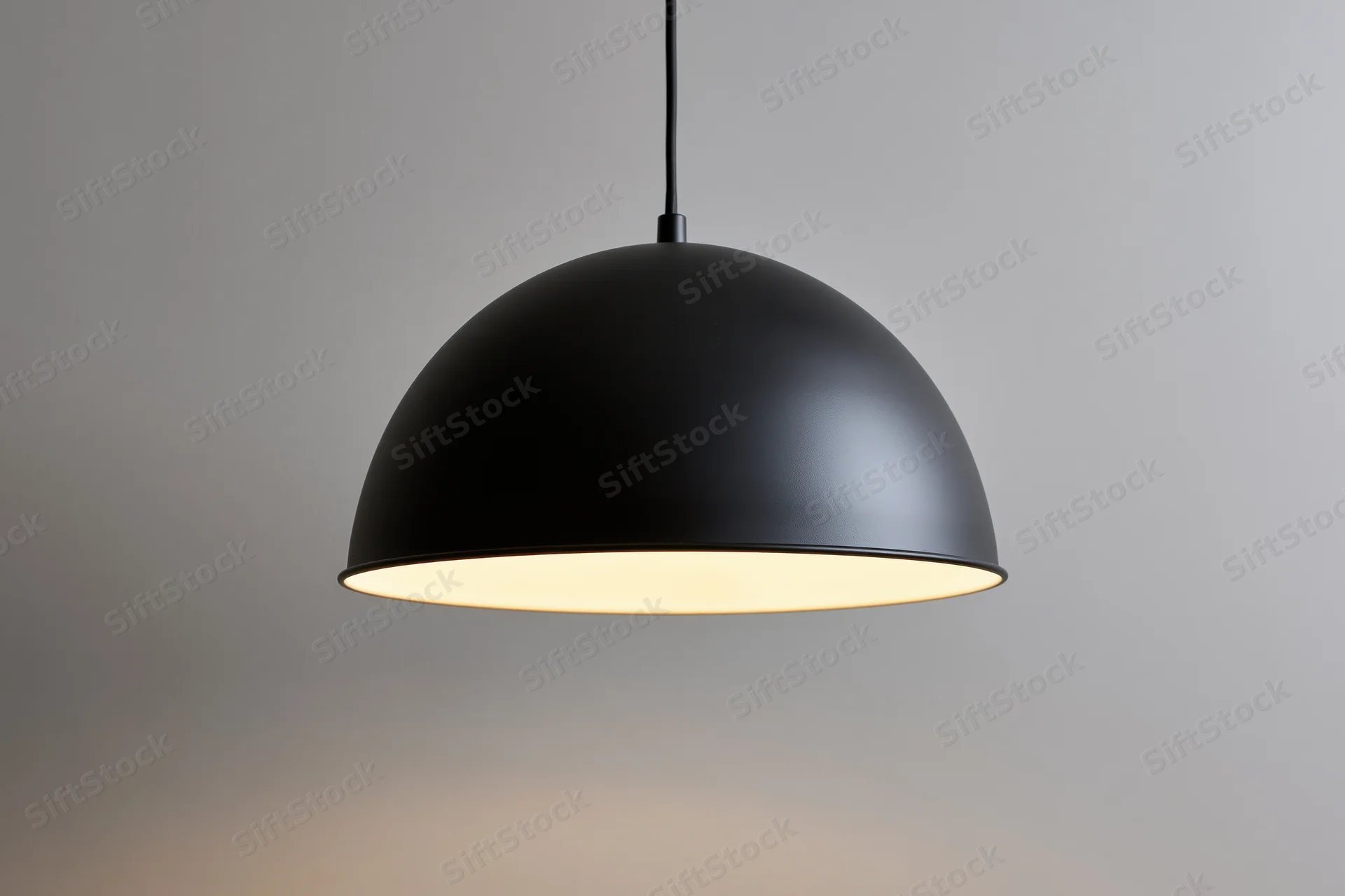 Matte black dome pendant lamp hanging from ceiling with warm glow against neutral background