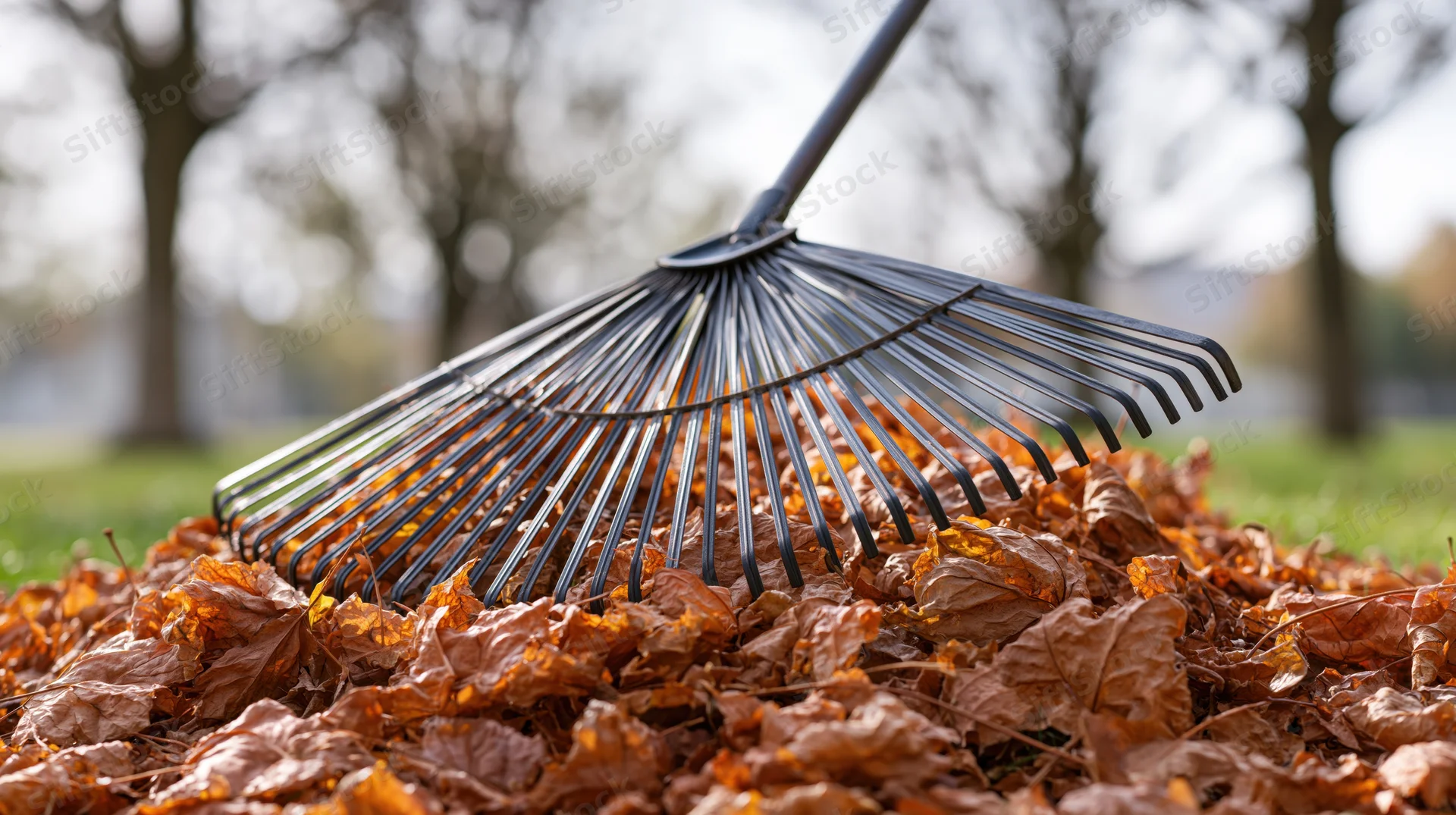 Metal fan rake pressed into a thick pile of fallen autumn leaves on a lawn
