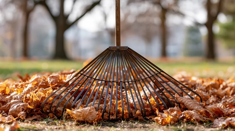 Metal fan rake pressed into a thick pile of fallen autumn leaves in a yard