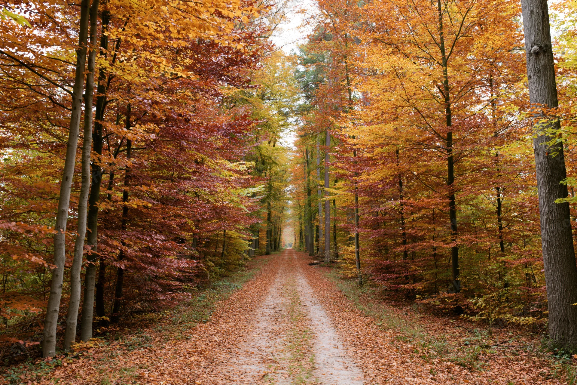 Narrow dirt path lined with autumn trees receding into dense forest