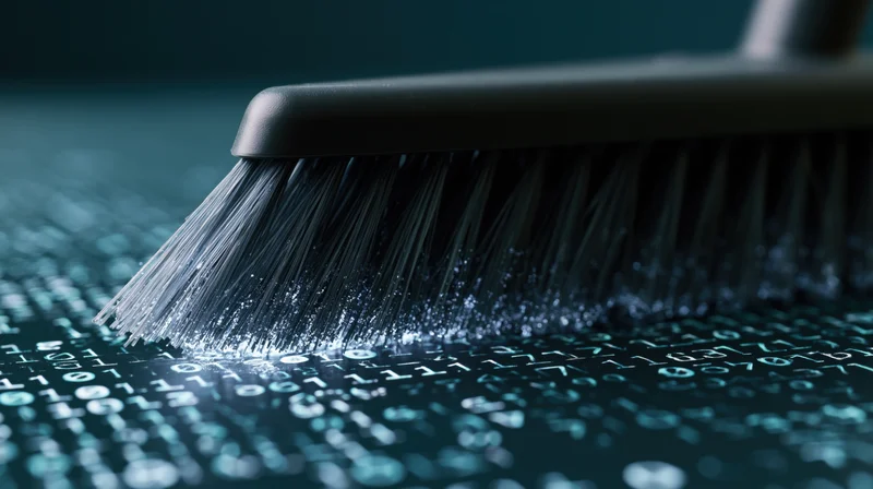 Plastic broom sweeping across dark surface covered in glowing digital code