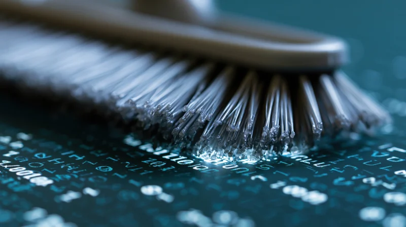 Plastic broom sweeping across dark surface covered in digital code and binary data