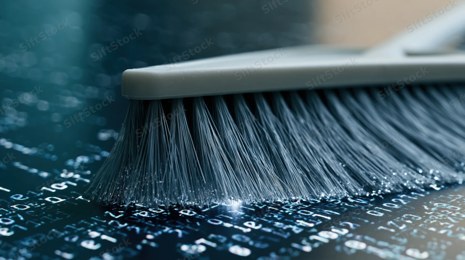 Plastic broom sweeping across dark surface covered in digital code and text