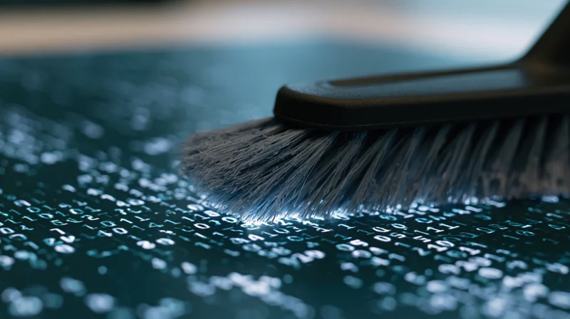 Plastic brush sweeping across dark surface covered in glowing binary code