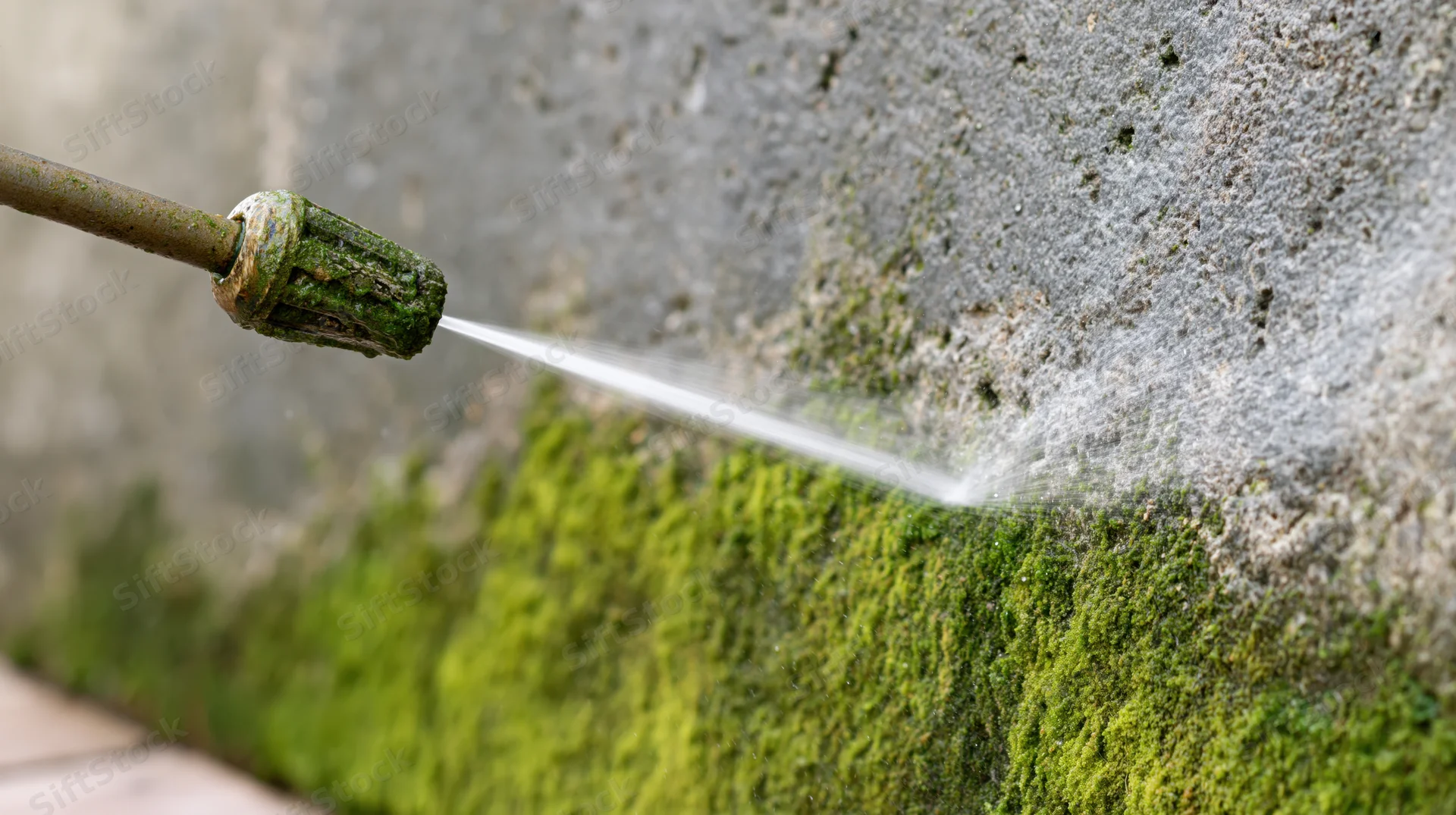 Pressure washer nozzle spraying water onto moss-covered concrete wall during outdoor cleaning
