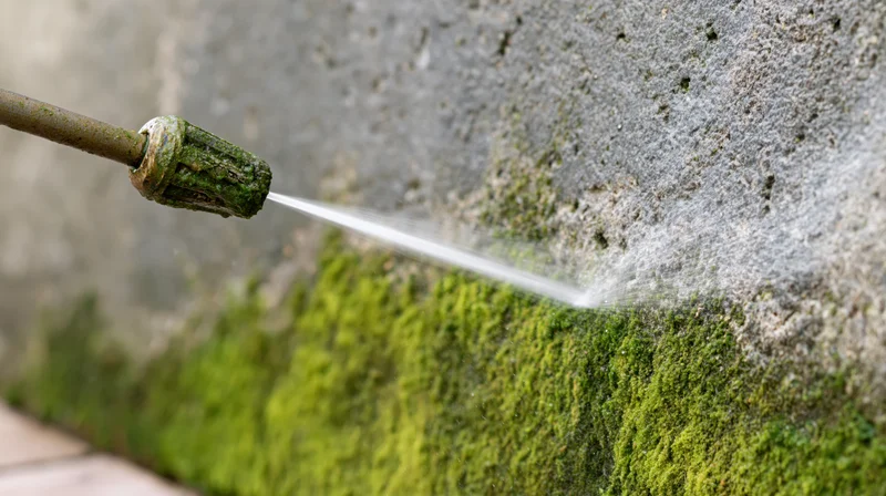 Pressure washer nozzle spraying water onto moss-covered concrete wall during outdoor cleaning