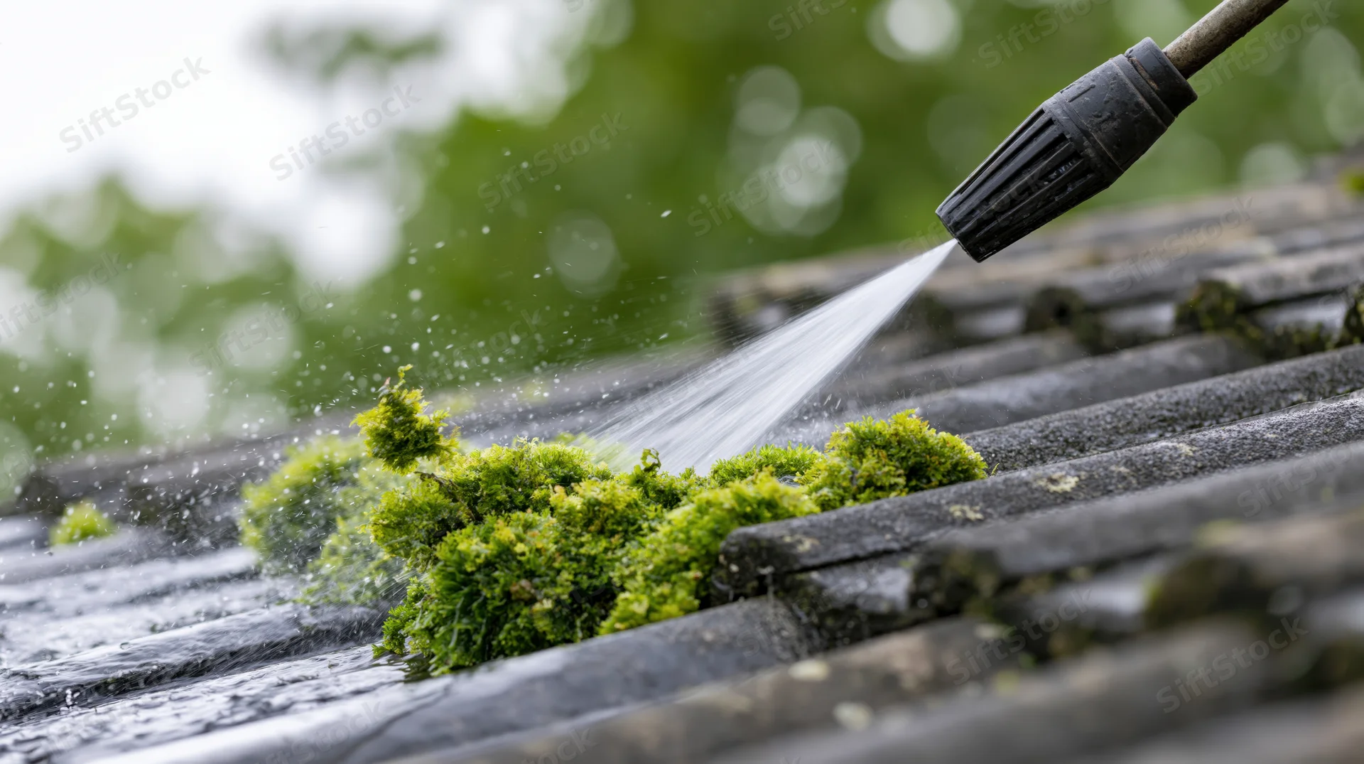 Pressure washer nozzle spraying water onto moss-covered roof tiles outdoors